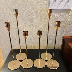 Set of 6 | Tall Vintage Gold Taper Candlestick Holders